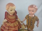 Vintage 1950 s Boy And Girl Hard Plastic Dolls W  Crochet Clothing   Base  b6 