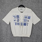 Vintage Teddi Blouse Women Med-large  White Blue Patchwork Buttons Short Sleeve