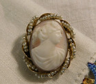 Antique Hand Carved Pink Shell Cameo Gold Filled Seed Pearl Smaller Pin Brooch