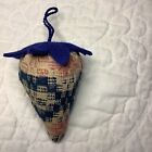 Strawberry Emery   Pincushion Old Pink Blue   White Coverlet Fabric 3-1 2    Prim