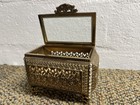 Vtg Ornate Ormolu Jewelry Box Gold Filigree Beveled Glass Casket Rhinestones