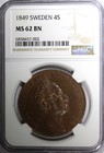 Sweden Oscar I 1849 4 Skilling Banco 37 2 Mm 1st Year Ngc Ms62 Bn Km  672  002 