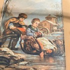 Vintage Wicker Sewing Basket Sleigh Scene Padded Lid Toggle Closure Tan 8x8x4