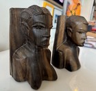 Pair Of Antique Hand Carved African Ebony Wood Heavy Figural Male Lady Bookends