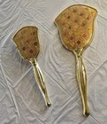 Vintage Vanity Hand Mirror And Brush Set Gold Tone Matching Fabric Pattern