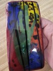 Fused Glass Art Hanging Suncatcher Abstract Multi Color 3x5 5 Leather Strap Vtg