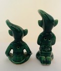 Vintage Treasure Craft Ceramic Pixie Elves Set Of 2 Green Kneeling   Sitting Mcm
