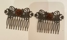  2  Brown Rose Flower Vintage Bronze Victorian Filigree Small Hair Comb Combs