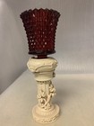 Vintage French Plaster Pedestal candle Holder Diamond Point Red Glass 1950s 