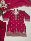 New Wedding Wear Pink Chinon Silk Kurta Palazzo With Dupatta For Women   Girls