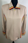 Vintage St John Sport Marie Gray M Camel Knit Racing Stripe Crest Zip Jacket