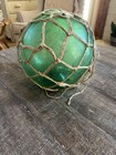 Antique Japanese Green Glass Fishing Float Buoy Hand Blown W  Netting 11    