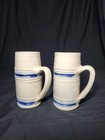 Pair Of Stoneware Mugs With Blue Petals And Stripes 
