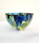 Vintage Mid Century Abstract Blue Green Yellow Copper Enamel Bowl