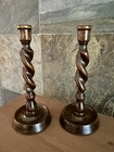 Antique English Barley Twist Candlestick Holders 10  Hand-turned Wood Pair Of 2