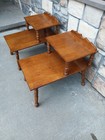 Pair Of Mid Century Solid Maple Step End Tables With Carved Crown On 2nd Shelf