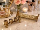 Vintage Hollywood Regency Gold Tone Filigree Vanity Tray Set Lipstick Holder