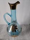 Mid-century Aqua Blue Glass Decanter Set  22k Gold Floral Design  2 Cordialglass