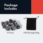 Set Of 10 Six Sided Square Opaque 16mm D6 Dice - Black With White Pip Die