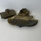 Antique Ornate Cast Brass Inkwell And Ink Blotter Desk Topper Missing