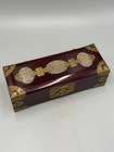 Large Antique 20th C  Chinese Wood Jewelry Box Ornate Brass Jade Inlaid 9 3 4  
