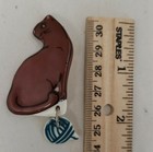 Hand Painted Ceramic Signed Brown Cat W  Dangle Yarn Brooch Pin
