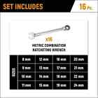 16 Piece 72 Tooth 12pt Standard Metric Combination Ratcheting Wrench Tool Set