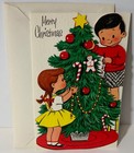 Vintage Agc Die Cut Christmas Card Unused Boy   Girl Decorating Tree Candy Canes