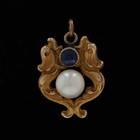 Yellow Gold Pearl Sapphire Edwardian Feather Scroll Pendant - 14k