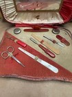 Antique Travel Size Manicure  Kit Red Case W  Mirror Metal Tools Manual Set