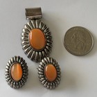 Vintage Silver Tone Orange Oval Cabochon Pendant   Earrings Jewelry Set