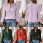 Womens Sexy Lace V Neck Top Tunic Tops Ladies Long Sleeve T Shirt Blouse Tee