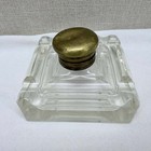 Antique Heavy Clear Glass Inkwell Square Tiered Base Hinged Brass Lid 4 5 Inch