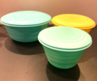 Vtg 50s Stanley Flex Storage Set 3 Mixing Nesting Bowls Lids Teal  Yellow  green