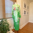 Vintage Authentic Ichi-fujico Silk Japanese Kimono Robe Green Coral Floral