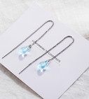Women 925 Silver Plated Waterdrop Blue Cz Threader Dangle Drop Chain Earrings F2