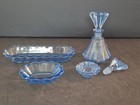 Vintage Art Deco Ice Blue Glass 7-piece Vanity Set 1930s-1940s Perfume Bottle
