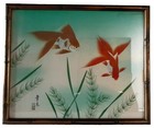 Pair Vintage Mid Century 1950s Japanese Print On Silk Red Black Koi Fish Signed