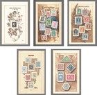 Set Of Five Philatelic Allegorical Watercolors  Mostly With Mint British Stamps