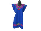 Handcrafted Floral Mexican Huipil Dress Blue Cotton Embroidered Size M