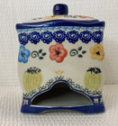 Polish Pottery Ceramic Tea Bag Dispenser Lidded Box Blue  Flowers Signed W r 