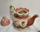 Antique Majolica Teapot Pink Victorian 3d Roses     Teapot Only   No Chips crack