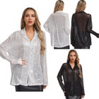 Women Tops Casual Shirt Long Sleeve Blouse Loose Button Daily Life Sequins Fit