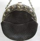 Antique Victorian Leather Chatelaine Purse Belt Clip Silver Plated Roses 1901