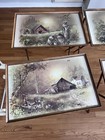 Vintage Mcm Farm Framed Tv Trays Set 4 Stand Swag Television 1970s Fold Up Cabin