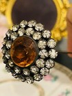 Antique Victorian Hat Stick Pin Rhinestones Round Cluster W  Topaz Glass Center
