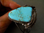Native American Navajo Sky-blue Turquoise Sterl Silver Raised Leaf Cuff Bracelet