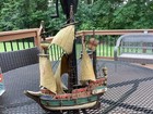 Antique Wooden Model Sailing Ship-red And White Crosses On Sails-germany Tag