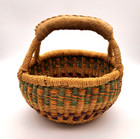 Bolga African Market Basket Multicolor Hand Woven Goat Leather Wrapped Handle