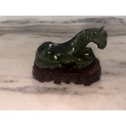 Vintage Chinese Carved Green Stone Resting Horse Figurine Custom Wood Base